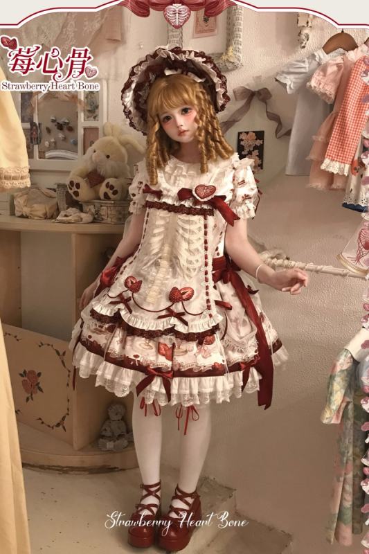 Strawberry Heart Bone Sweet Doll Prints Lolita OP and JSK