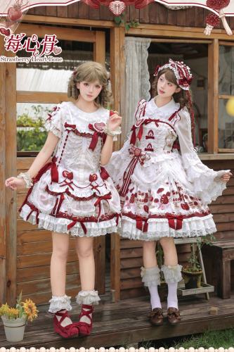 Strawberry Heart Bone Sweet Doll Prints Lolita OP and JSK