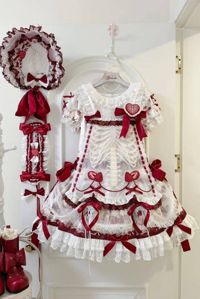 Strawberry Heart Bone Sweet Doll Prints Lolita OP and JSK