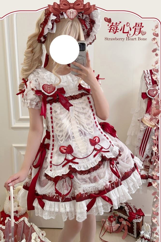 Strawberry Heart Bone Sweet Doll Prints Lolita OP and JSK