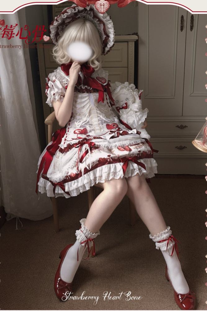 Strawberry Heart Bone Sweet Doll Prints Lolita OP and JSK