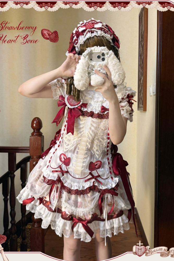 Strawberry Heart Bone Sweet Doll Prints Lolita OP and JSK