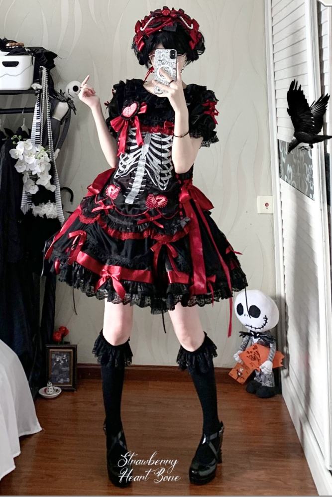 Strawberry Heart Bone Gothic Lolita One Piece Dress