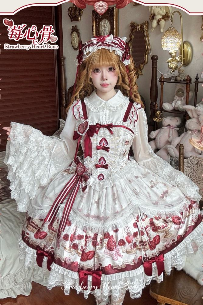 Strawberry Heart Bone Sweet Doll Prints Lolita OP and JSK