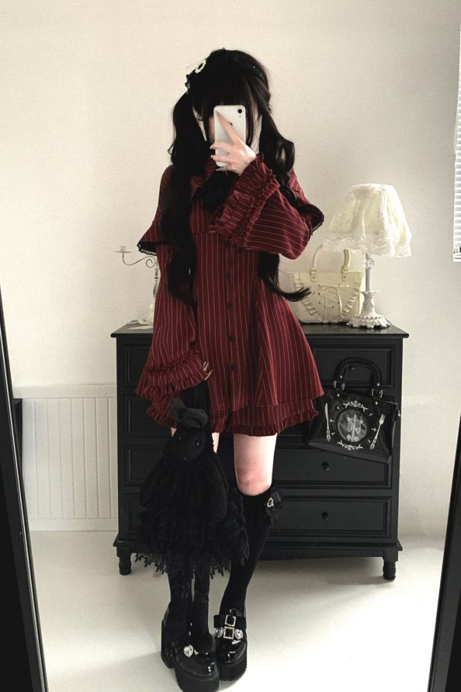 Kitty Bxllet Dark Stripes Faux Two Piece Jirai Kei Dress