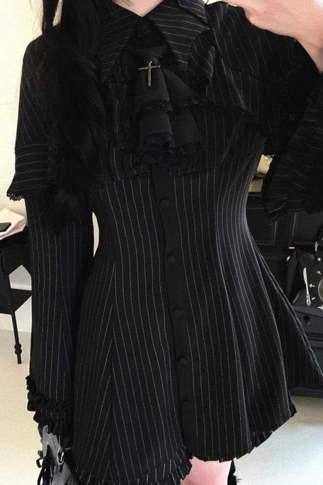 Kitty Bxllet Dark Stripes Faux Two Piece Jirai Kei Dress