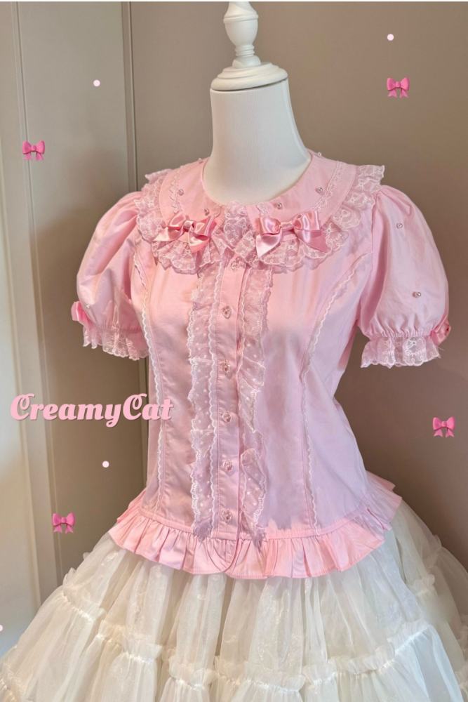 Creamy Cat Lacework Frills Cotton Lolita Blouse Old School