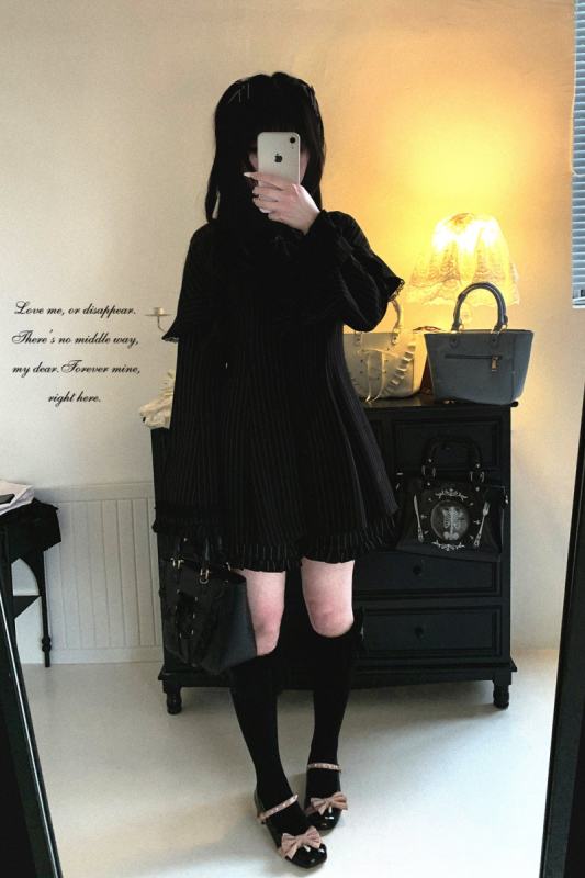 Kitty Bxllet Dark Stripes Faux Two Piece Jirai Kei Dress