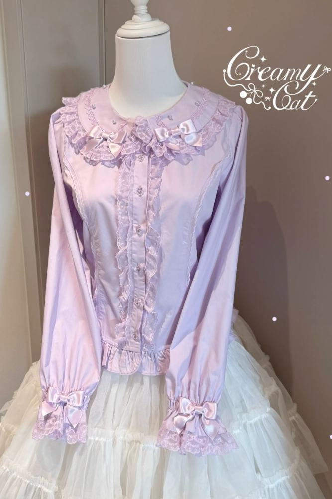 Creamy Cat Lacework Frills Cotton Lolita Blouse Old School