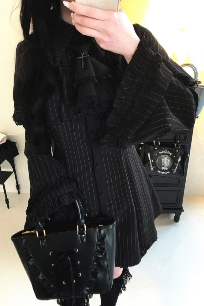 Kitty Bxllet Dark Stripes Faux Two Piece Jirai Kei Dress