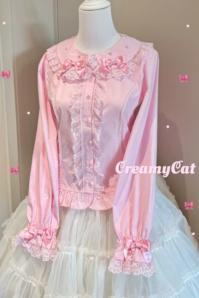 Creamy Cat Lacework Frills Cotton Lolita Blouse Old School