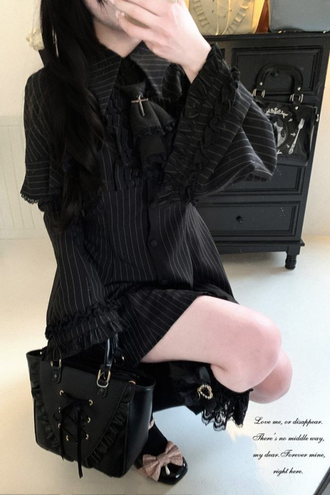 Kitty Bxllet Dark Stripes Faux Two Piece Jirai Kei Dress