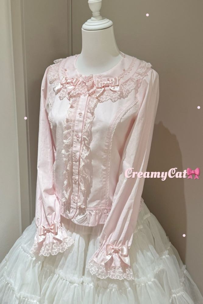 Creamy Cat Lacework Frills Cotton Lolita Blouse Old School
