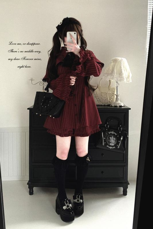 Kitty Bxllet Dark Stripes Faux Two Piece Jirai Kei Dress