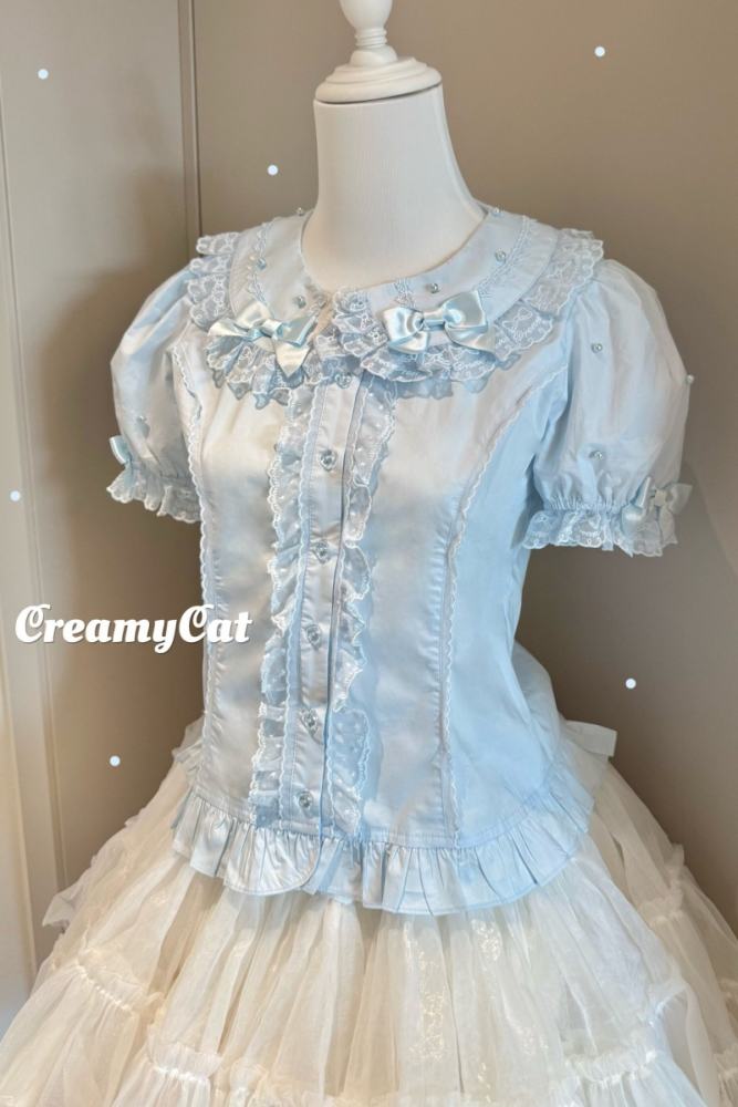 Creamy Cat Lacework Frills Cotton Lolita Blouse Old School