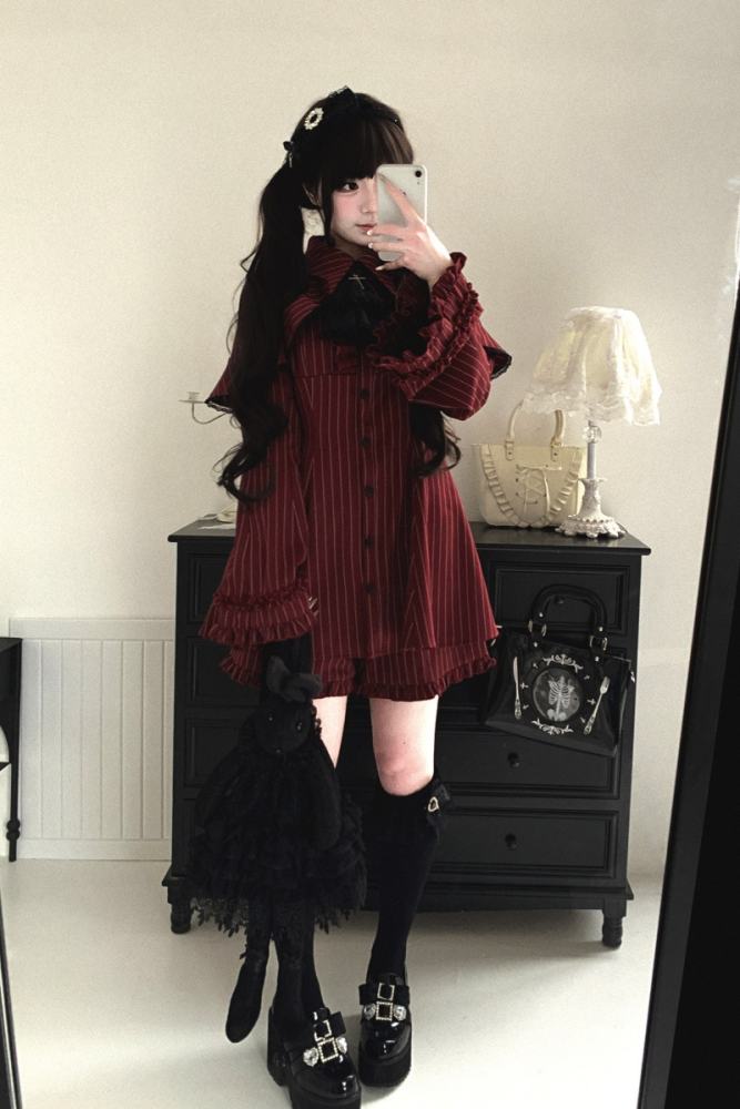 Kitty Bxllet Dark Stripes Faux Two Piece Jirai Kei Dress