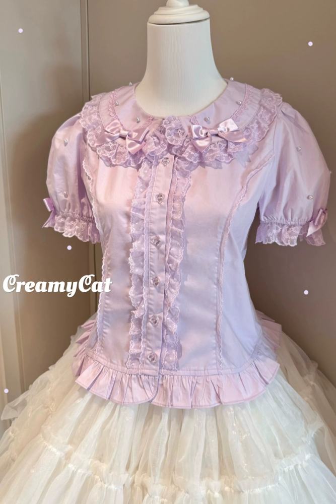 Creamy Cat Lacework Frills Cotton Lolita Blouse Old School