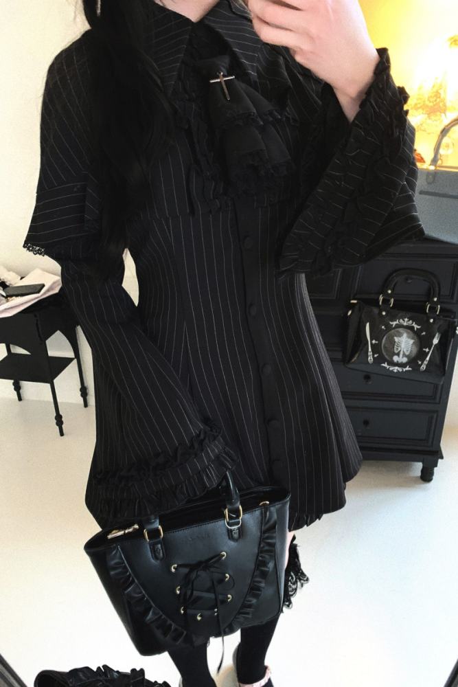 Kitty Bxllet Dark Stripes Faux Two Piece Jirai Kei Dress