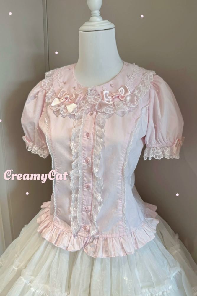 Creamy Cat Lacework Frills Cotton Lolita Blouse Old School