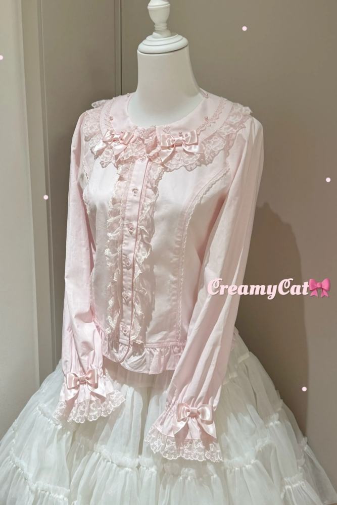 Creamy Cat Lacework Frills Cotton Lolita Blouse Old School