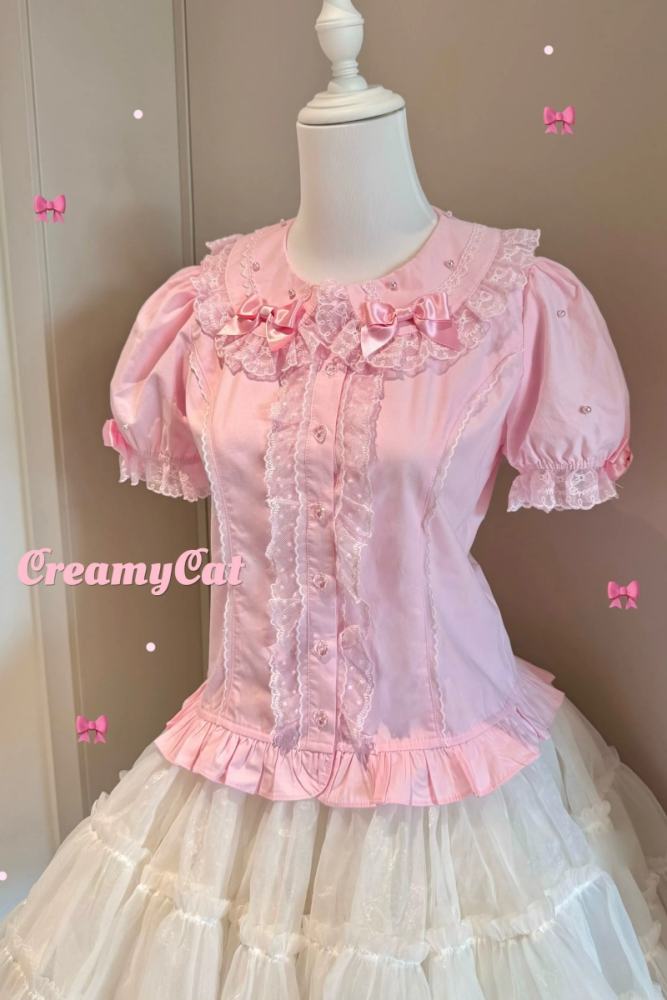 Creamy Cat Lacework Frills Cotton Lolita Blouse Old School