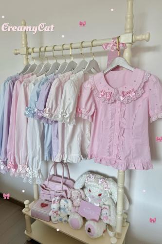 Creamy Cat Lacework Frills Cotton Lolita Blouse Old School