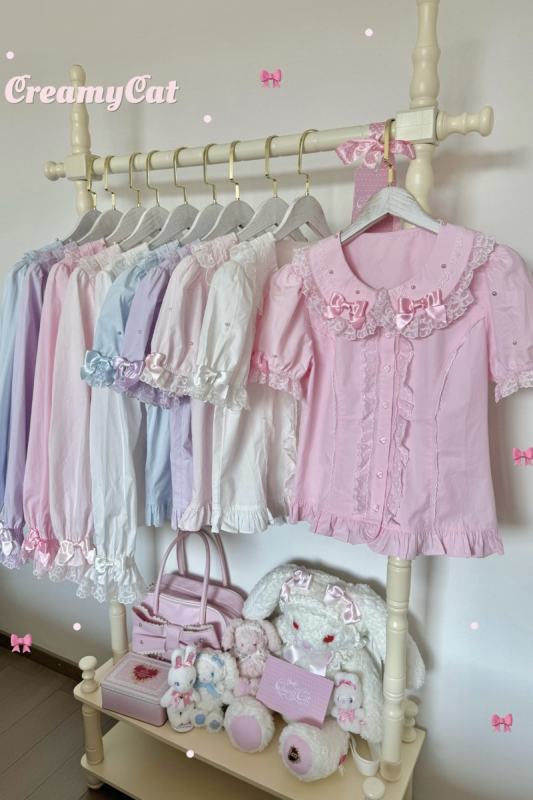 Creamy Cat Lacework Frills Cotton Lolita Blouse Old School