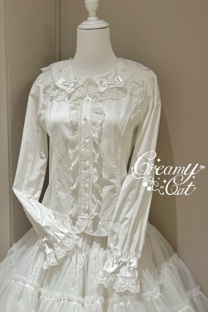 Creamy Cat Lacework Frills Cotton Lolita Blouse Old School