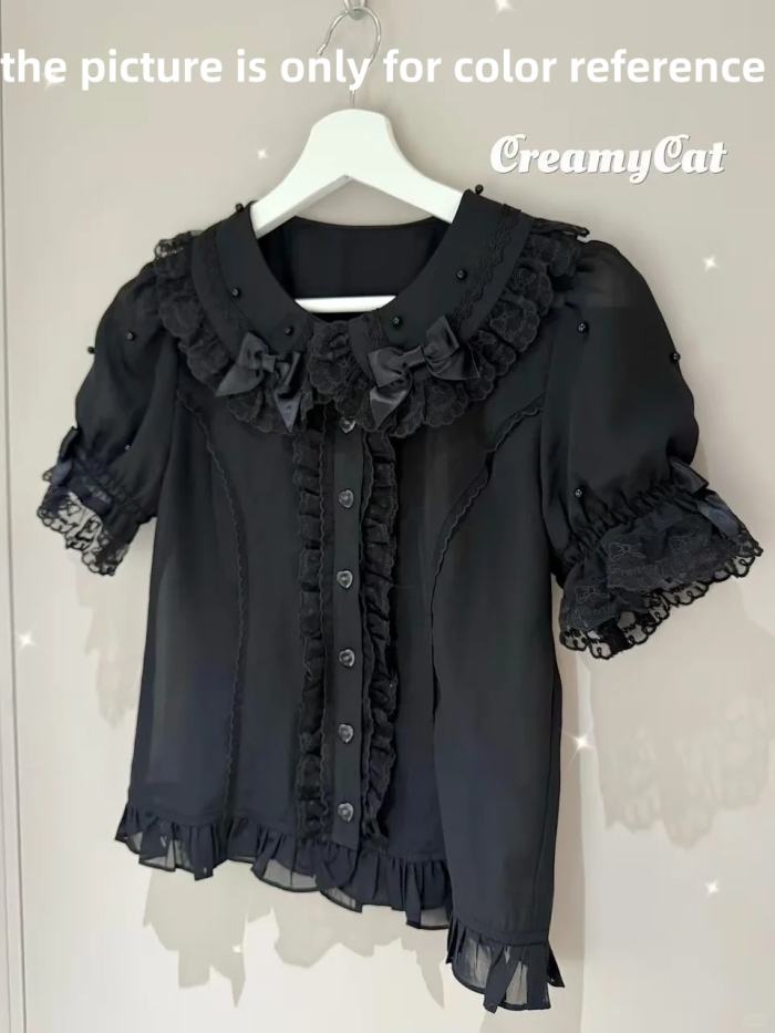 Creamy Cat Lacework Frills Cotton Lolita Blouse Old School