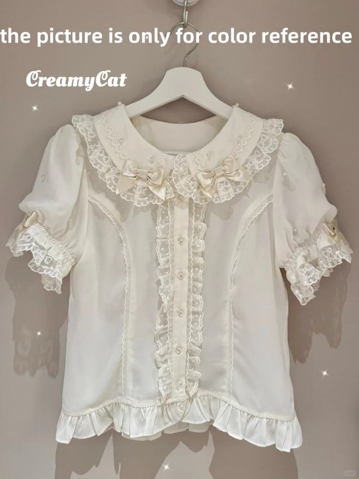 Creamy Cat Lacework Frills Cotton Lolita Blouse Old School