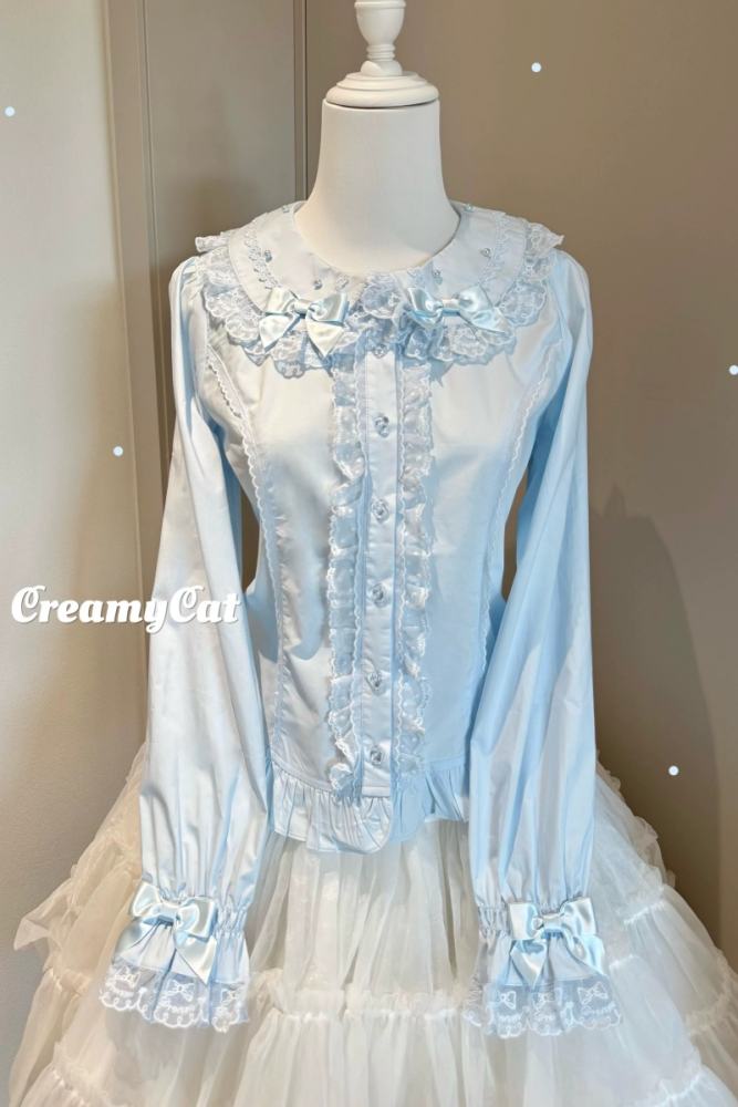 Creamy Cat Lacework Frills Cotton Lolita Blouse Old School