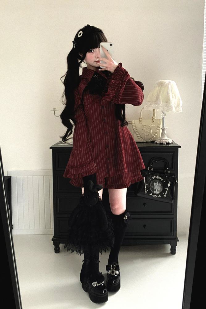 Kitty Bxllet Dark Stripes Faux Two Piece Jirai Kei Dress