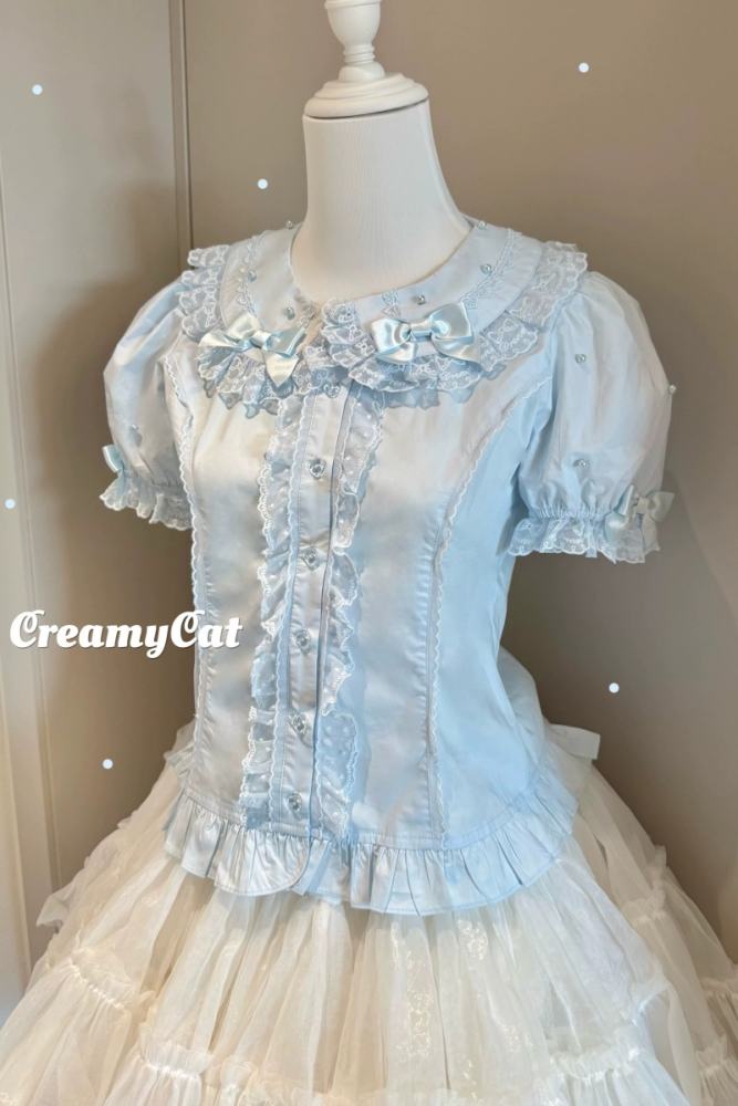 Creamy Cat Lacework Frills Cotton Lolita Blouse Old School