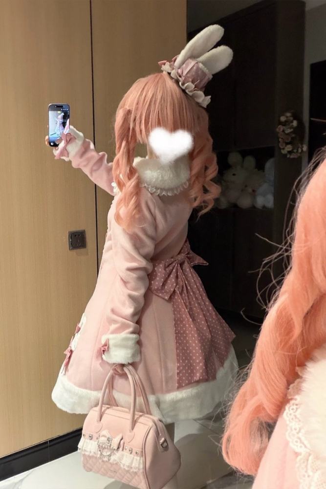 Tommy Bear Lovely Rabbit Detachable Collar Lolita Pink Coat