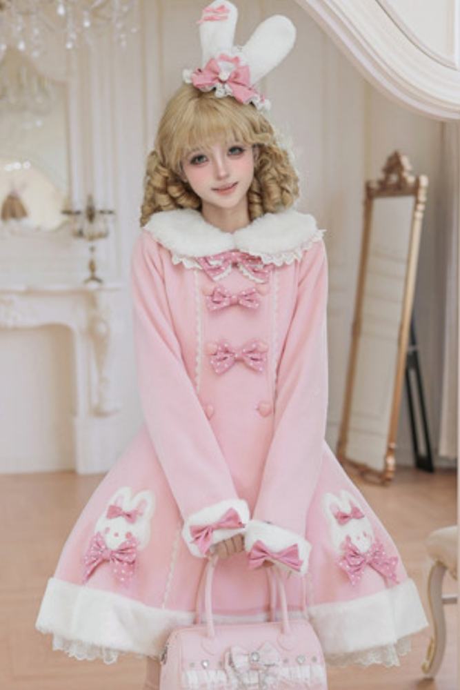 Tommy Bear Lovely Rabbit Detachable Collar Lolita Pink Coat