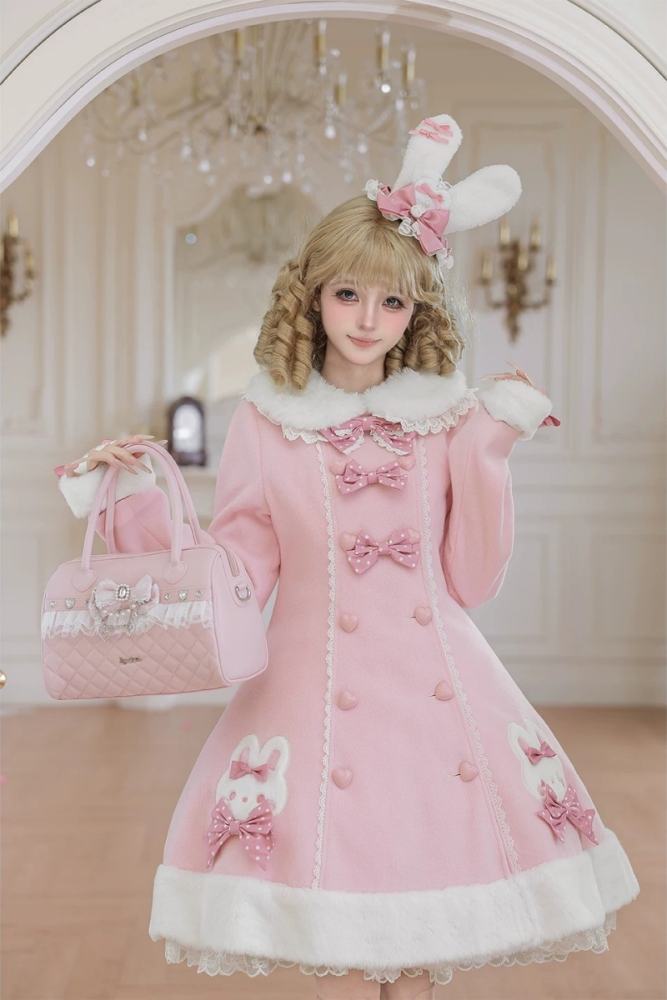 Tommy Bear Lovely Rabbit Detachable Collar Lolita Pink Coat