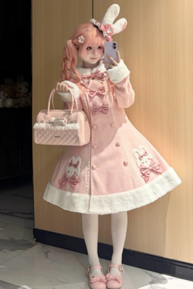 Tommy Bear Lovely Rabbit Detachable Collar Lolita Pink Coat