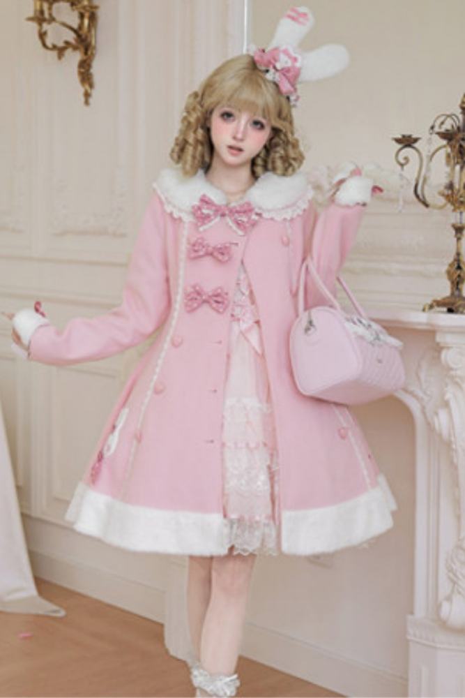 Tommy Bear Lovely Rabbit Detachable Collar Lolita Pink Coat