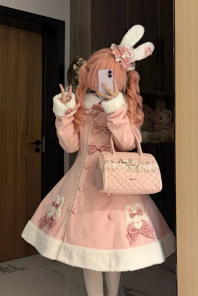 Tommy Bear Lovely Rabbit Detachable Collar Lolita Pink Coat