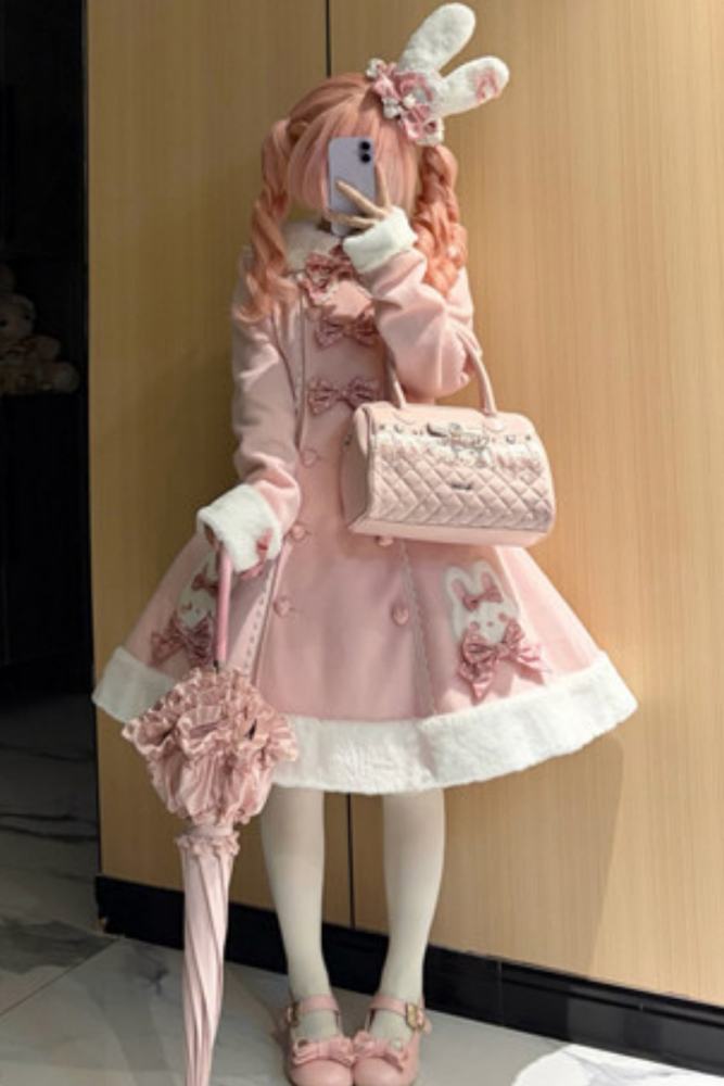 Tommy Bear Lovely Rabbit Detachable Collar Lolita Pink Coat