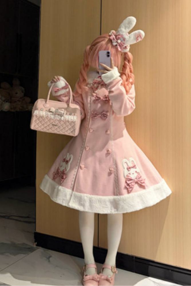 Tommy Bear Lovely Rabbit Detachable Collar Lolita Pink Coat