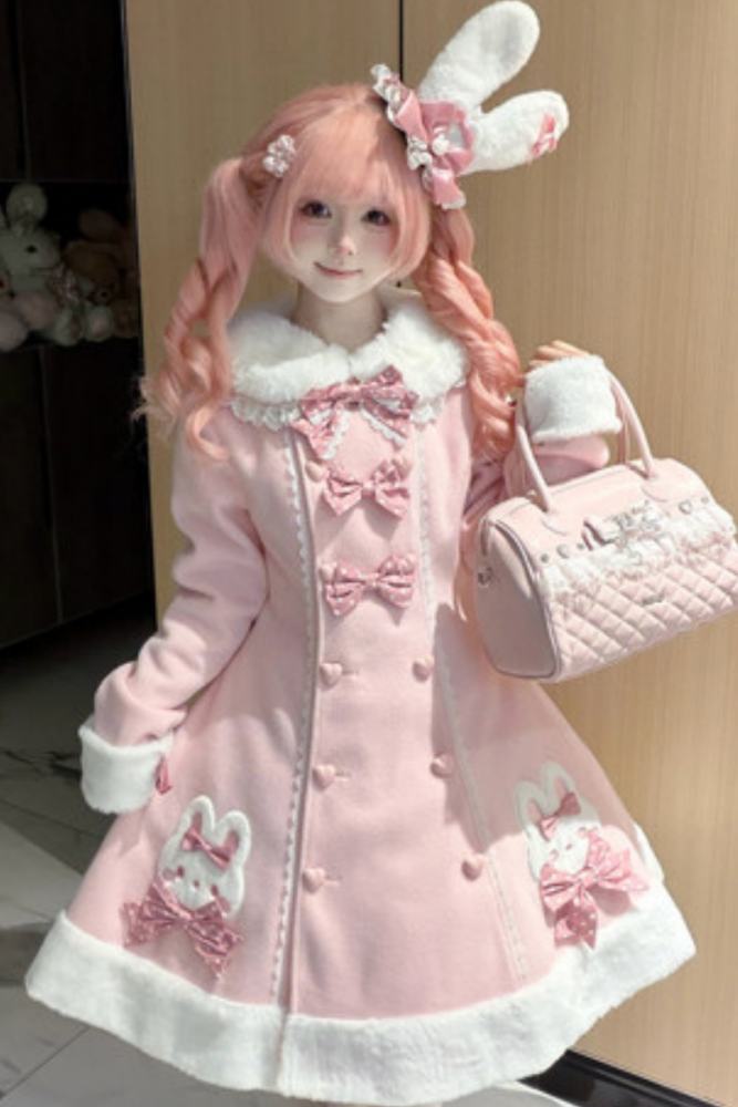 Tommy Bear Lovely Rabbit Detachable Collar Lolita Pink Coat