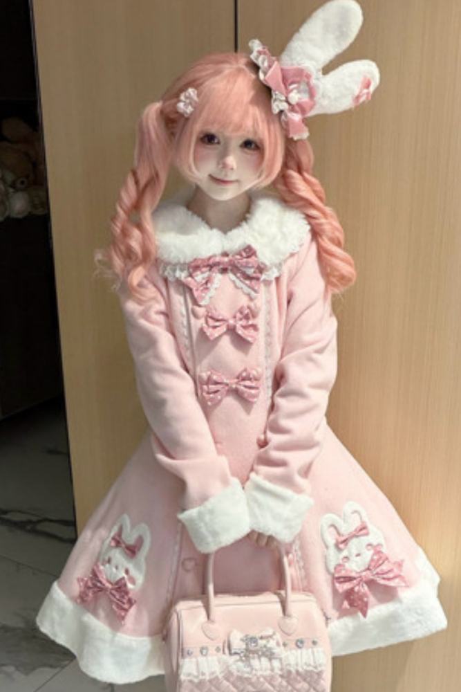 Tommy Bear Lovely Rabbit Detachable Collar Lolita Pink Coat