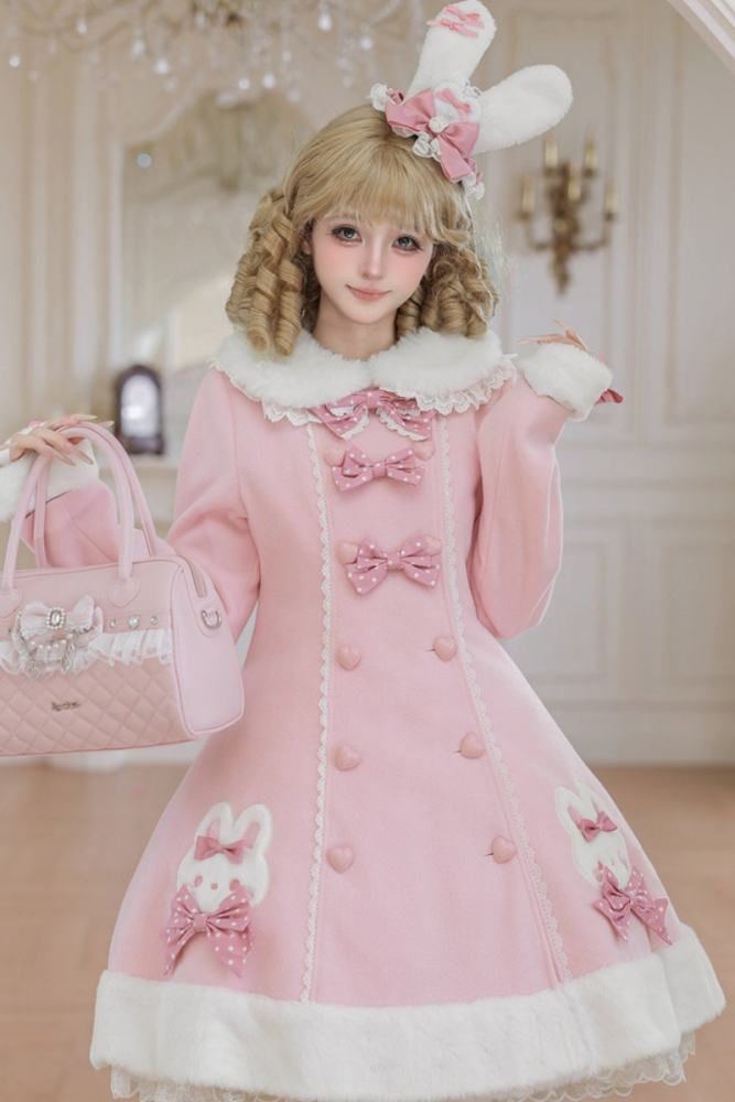 Tommy Bear Lovely Rabbit Detachable Collar Lolita Pink Coat