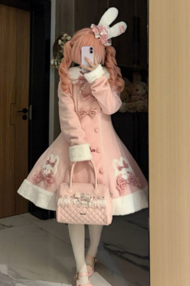 Tommy Bear Lovely Rabbit Detachable Collar Lolita Pink Coat