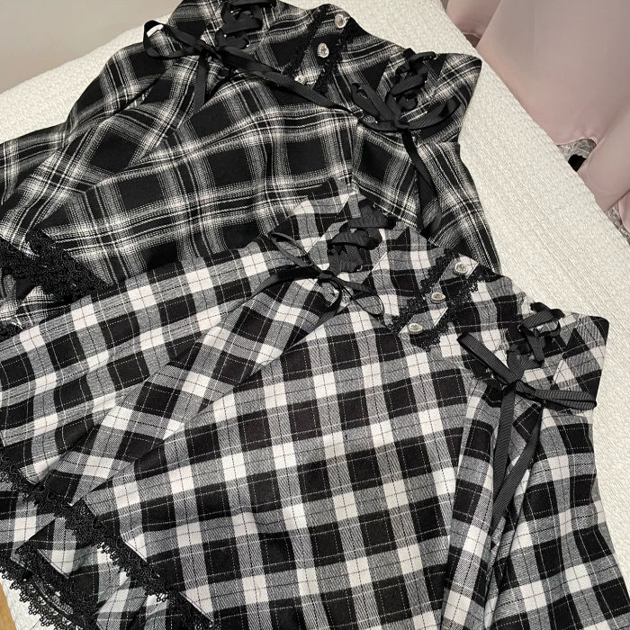 Yoshiki Plaid Lover Plus Size Retro Girly Top and Skirt