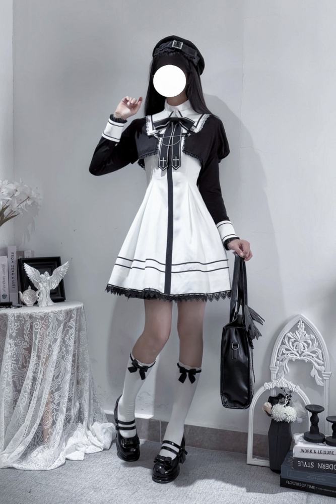 Ekomi Black Cross College Style Jirai Kei Dress and Coat