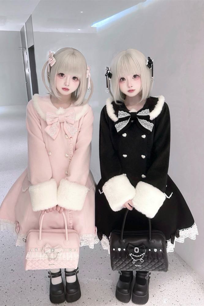 Puppet Bombs Snow Letter Sweet Pink and Black Long Coat