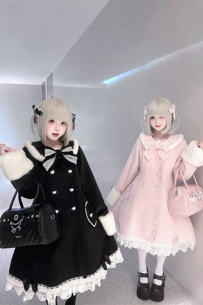 Puppet Bombs Snow Letter Sweet Pink and Black Long Coat