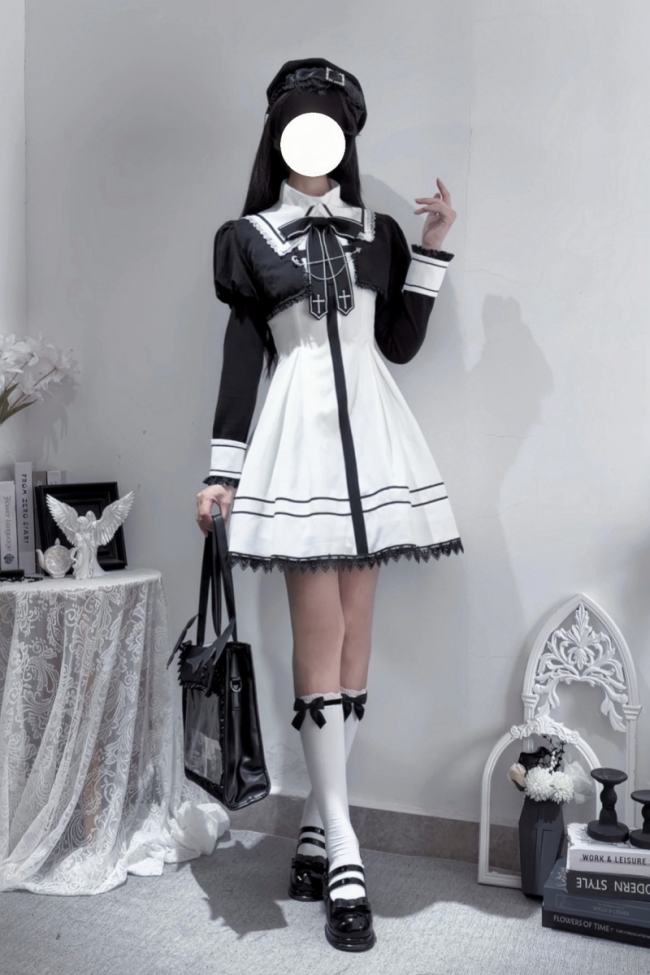 Ekomi Black Cross College Style Jirai Kei Dress and Coat